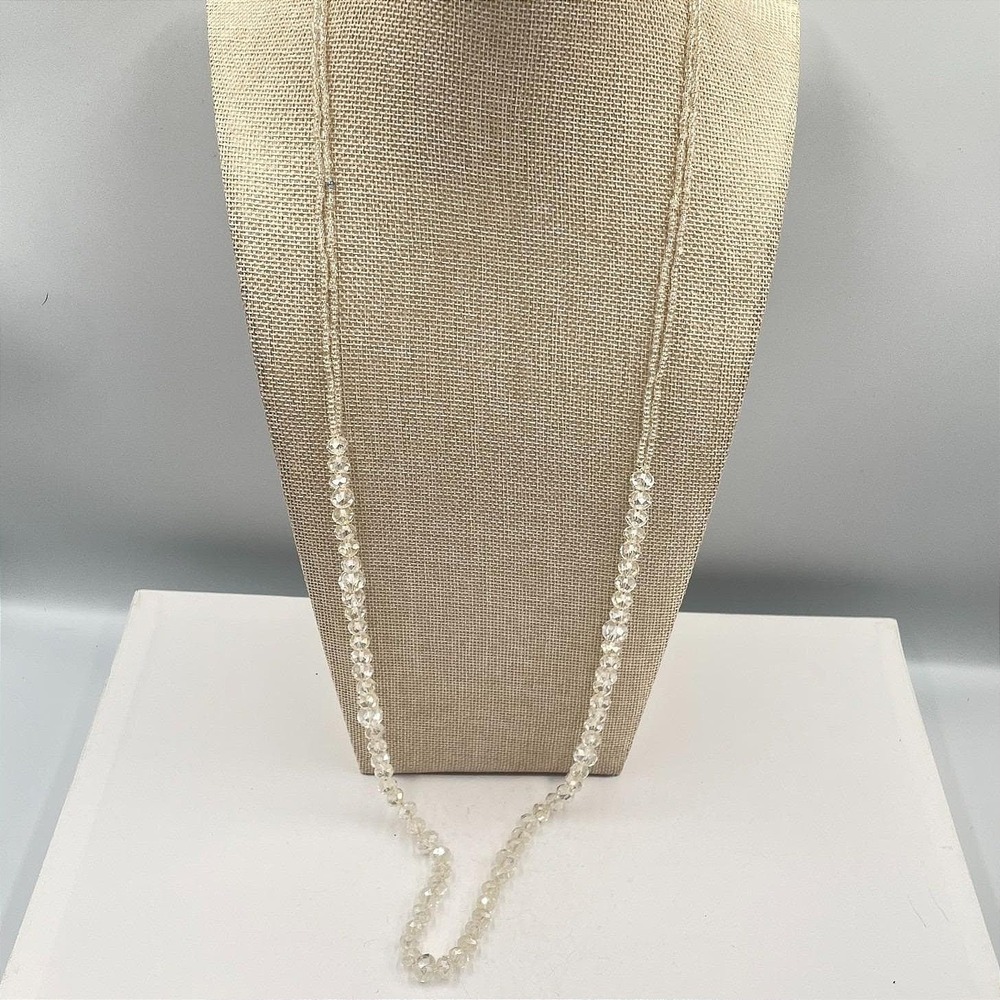 Vintage Long Clear Crystal Bead Necklace Faceted Glass Opera Aurora Borealis‎
